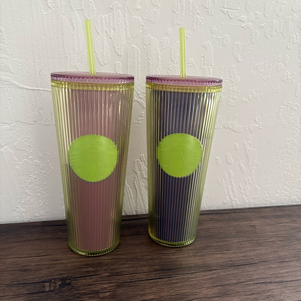Lot Of Two Starbucks Green Apple Cold‎ Cups (24 OZ) Brand New With Straw Pleated